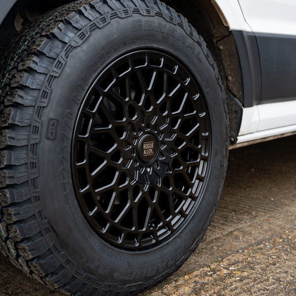Black mesh Rogue wheel on a Crafter, fitted with a General Grabber tyre