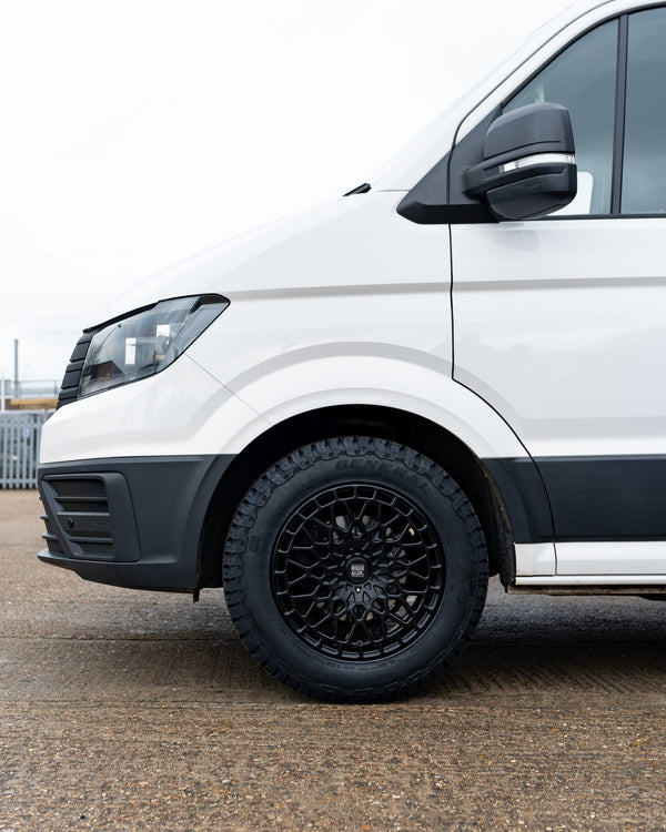 A Volkswagen Crafter fitted with a Rogue alloy wheel and a General Grabber AT3 tyre