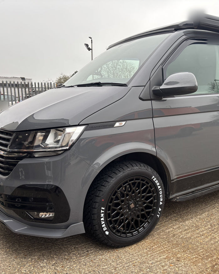 A grey Volkswagen Transporter T6.1 camper on black Rogue wheels, Davanti Terratoura