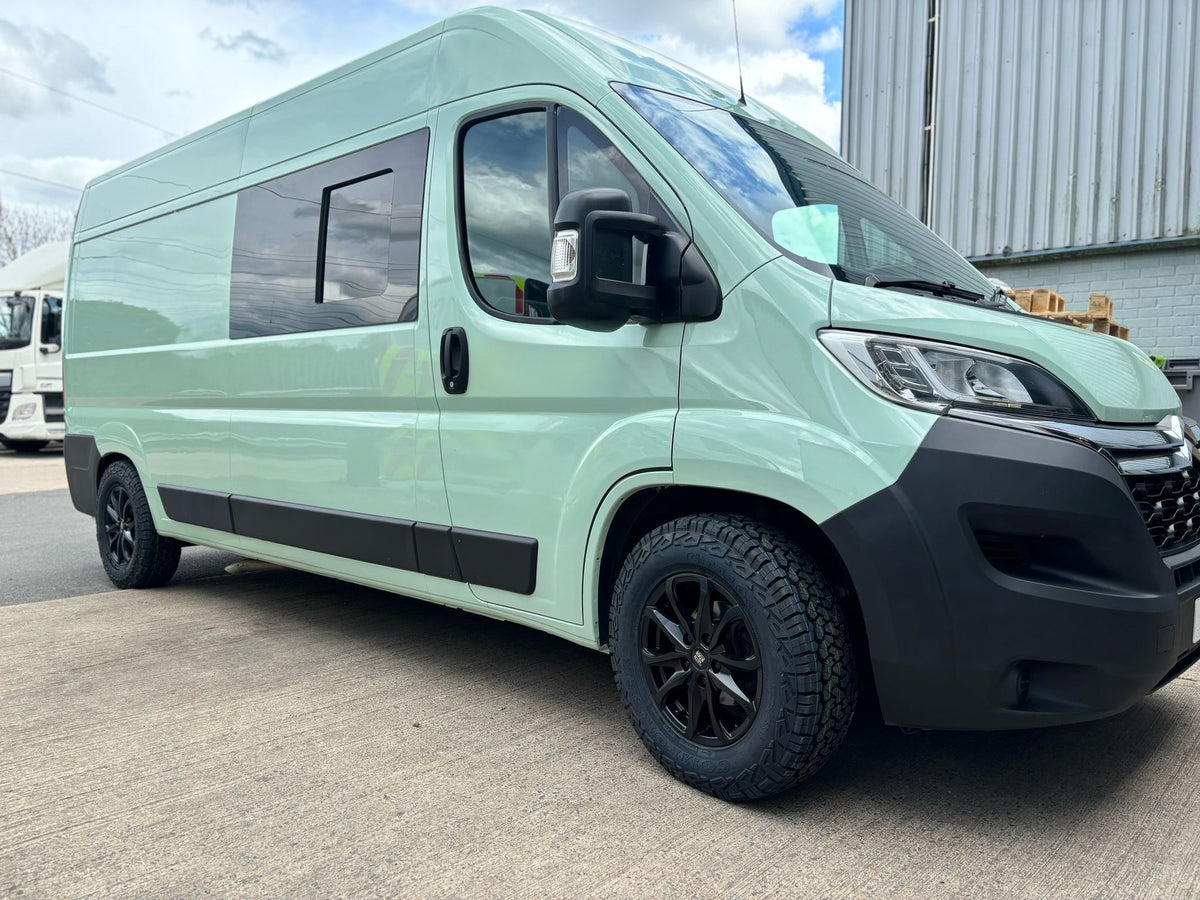A vivid mint-green respray Citroen Relay crew van on a matte black Rogue wheel
